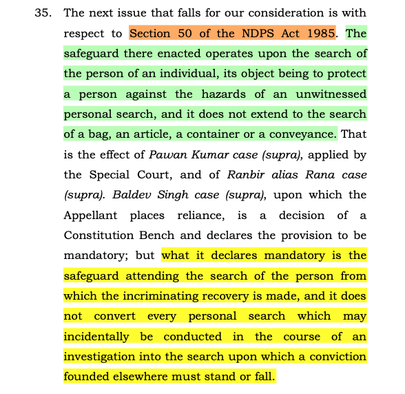 CiteCase's tweet photo. #SupremeCourt yet again clarifies the scope of Section 50 NDPS Act safeguard. It does not extend to search of bag, article, container or conveyance. ! https://t.co/ZhcbTL2lVZ