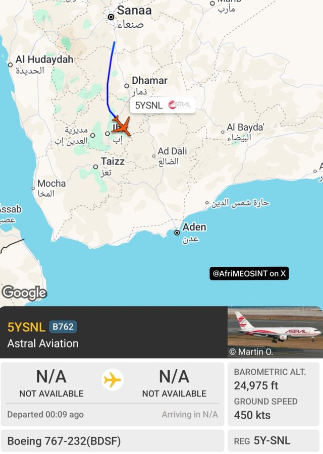 aboalkyan's tweet photo. ✈️
 مطار صنعاء 
وصول طائرة شحن كبيرة نوع بوينغ 767-232F إلى مطار #صنعاء قادمة من جيبوتي اليوم، الخميس 13 اغسطس 2026 
هبطت الساعة 11.52 - واقلعت ساعة 2:39 
هل نتشهد بداية تفاهمات جديدة لإنعاش الحركة الجوية ورفع الحصار، أم أنها رحلة استثنائية لحمولات خاصة
#اليمن #مطار_صنعاء #صنعاء https://t.co/KENoYT7rFM