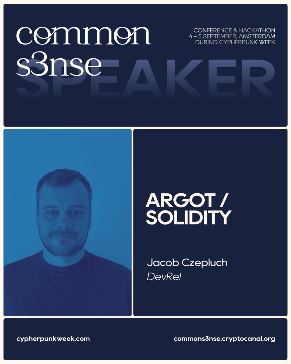 CryptoCanal's tweet photo. What's next for Solidity? 

@_czepluch from @solidity_lang, joins the Common S3nse stage to walk us through where the language has been and what's coming next.

Privacy • Security • DeFi
📍 Amsterdam
📅 September 4-5 (during Cypherpunk Week) https://t.co/NGXC4rQdfC