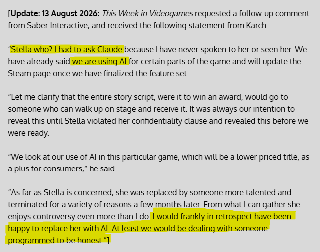 EvoSquareYT's tweet photo. Jurassic Park Survival hype is going extinct 💀

The CEO of Saber is messy AF &amp; pro genAI.

A former writer for Saber claims to have been fired and replaced with AI.

This is the CEO's response ⬇️

(credit to TWIV, article in reply, and @ChrisLikesDinos for putting this on my TL) https://t.co/2Z7dFBlH5g