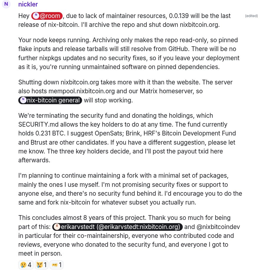 nixbitcoinorg's tweet photo. 0.0.139 is the final version of nix-bitcoin. Really enjoyed these 8 years developing Bitcoin infrastructure on NixOS, very grateful for your support. The code is there, so fork it. https://t.co/9L5qipD2hg