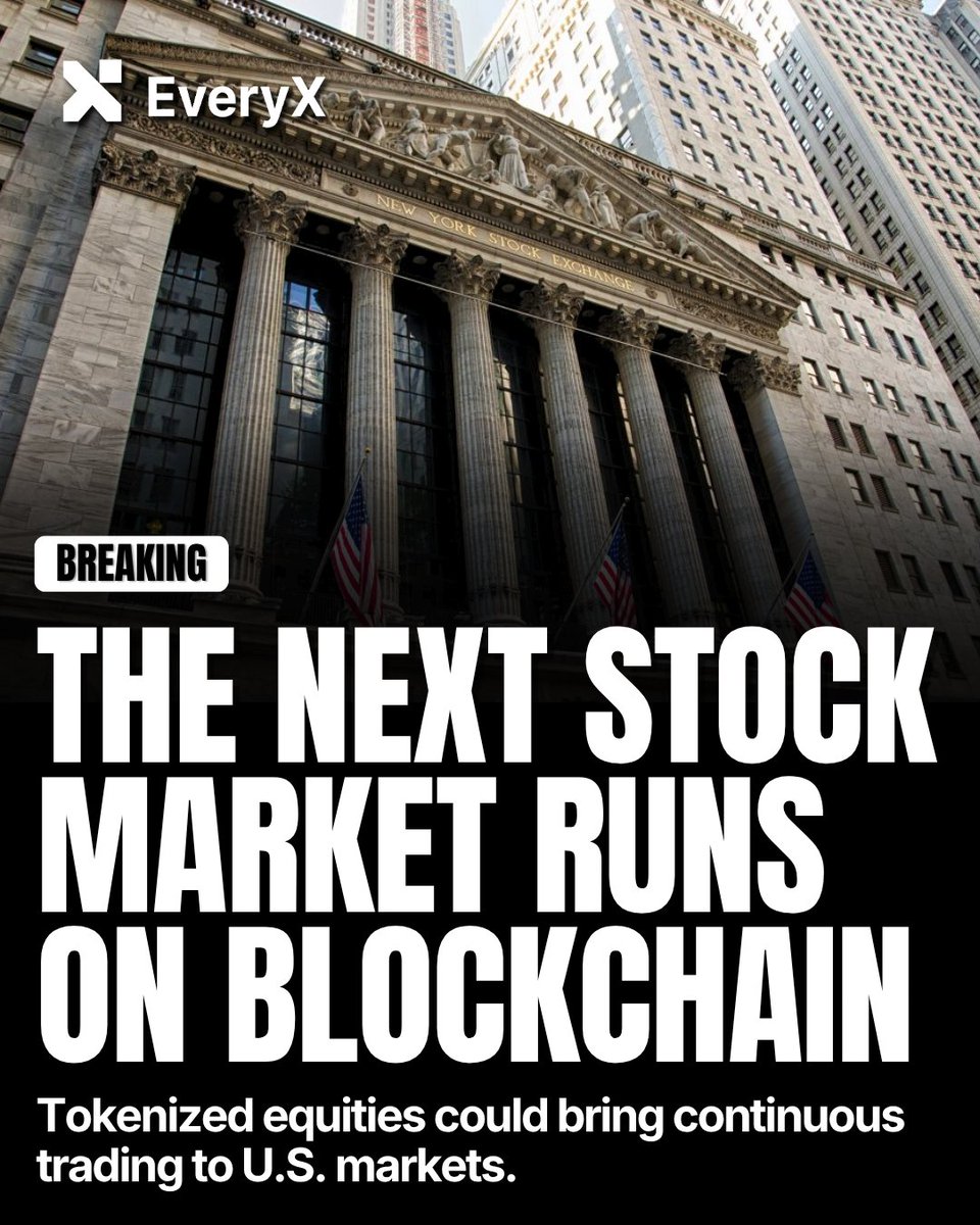 everyx_io's tweet photo. The SEC is reportedly preparing a framework that will allow U.S. stocks to trade 24/7 directly on the blockchain. Instead of owning traditional shares locked inside existing market infrastructure that closes at 4 PM every Friday, equities can now be represented as digital tokens. By utilizing blockchain networks, these tokenized stocks can move and trade continuously around the clock.

As real-world assets like stocks, bonds, funds, and treasuries increasingly become blockchain-based, this massive shift promises to deliver near-instant settlements and create a globally accessible financial market that never sleeps.

#CryptoNews #Web3 #Blockchain #Tokenization #StockMarket #SEC #DeFi #EveryX #EveryXNews