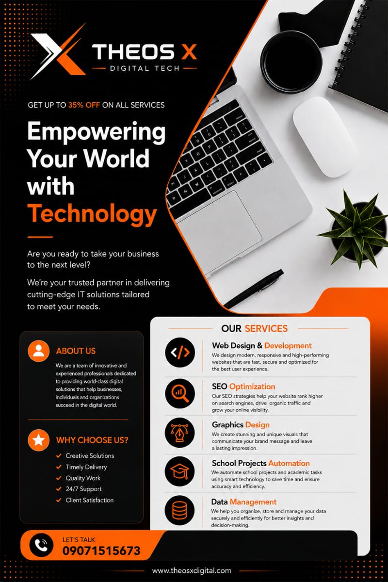 Theosxdigital's tweet photo. Your business needs the right technology. 🚀

Get up to 35% OFF on our digital services.

Web • Apps • SEO • Design • Data • Marketing

Let’s build. Let’s grow.

#TheosX #TechNigeria #DigitalGrowth https://t.co/jO6VJuKRzI