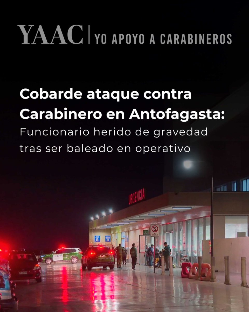 ChileYAAC's tweet photo. 🚨 Cero impunidad para quienes atentan contra quienes nos protegen.

Un funcionario de la 2ª Comisaría de Antofagasta recibió cuatro disparos durante una fiscalización. Afortunadamente, tras ser intervenido quirúrgicamente, se encuentra fuera de riesgo vital.

Desde nuestra organización expresamos nuestro total respaldo a Carabineros de Chile y exigimos la máxima celeridad en las diligencias de OS9, Labocar y Fiscalía ECOH para dar con el paradero del atacante.

#Chile #Seguridad #Carabineros #YAAC #YoApoyoACarabineros