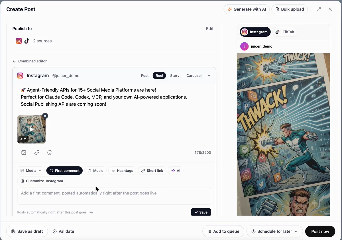 Juicer's Create Post composer with a combined editor, publishing one post to Instagram and TikTok, with live preview, first comment scheduling and Add to queue, Schedule for later and Post now buttons