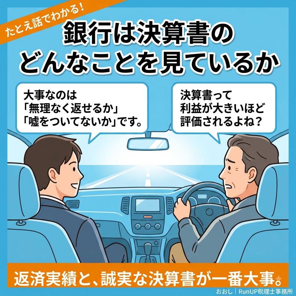 RunUPTaxAccount's tweet photo. 【銀行が見ているのはドカンと稼ぐ力じゃない？】
一番重要なのは「ちゃんと返せるか」。ドカンと一発の利益より、堅実な返済実績と透明な業績が信頼を生みます。
無理な経費を作らず「誠実な決算書」を積み重ねることが融資への一番の近道です。
#決算書 #融資 #銀行　#RumUP https://t.co/buoduV08Kx