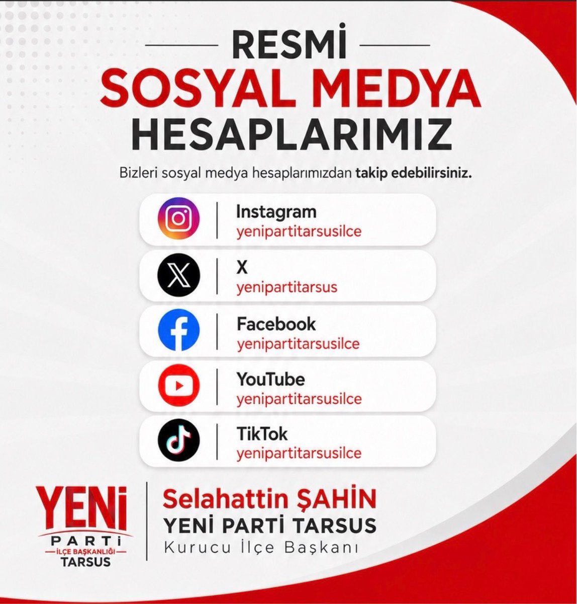 yenipartitarsus's tweet photo. 📢 RESMİ SOSYAL MEDYA HESAPLARIMIZ

📸 Instagram: @yenipartitarsusilce
𝕏 X: @yenipartitarsus
📘 Facebook: @yenipartitarsusilce
▶️ YouTube: @yenipartitarsusilce
🎵 TikTok: @yenipartitarsusilce

Yeni Parti Tarsus İlçe Başkanlığı
Selahattin ŞAHİN
Kurucu İlçe Başkanı https://t.co/iMIrO4MLAw