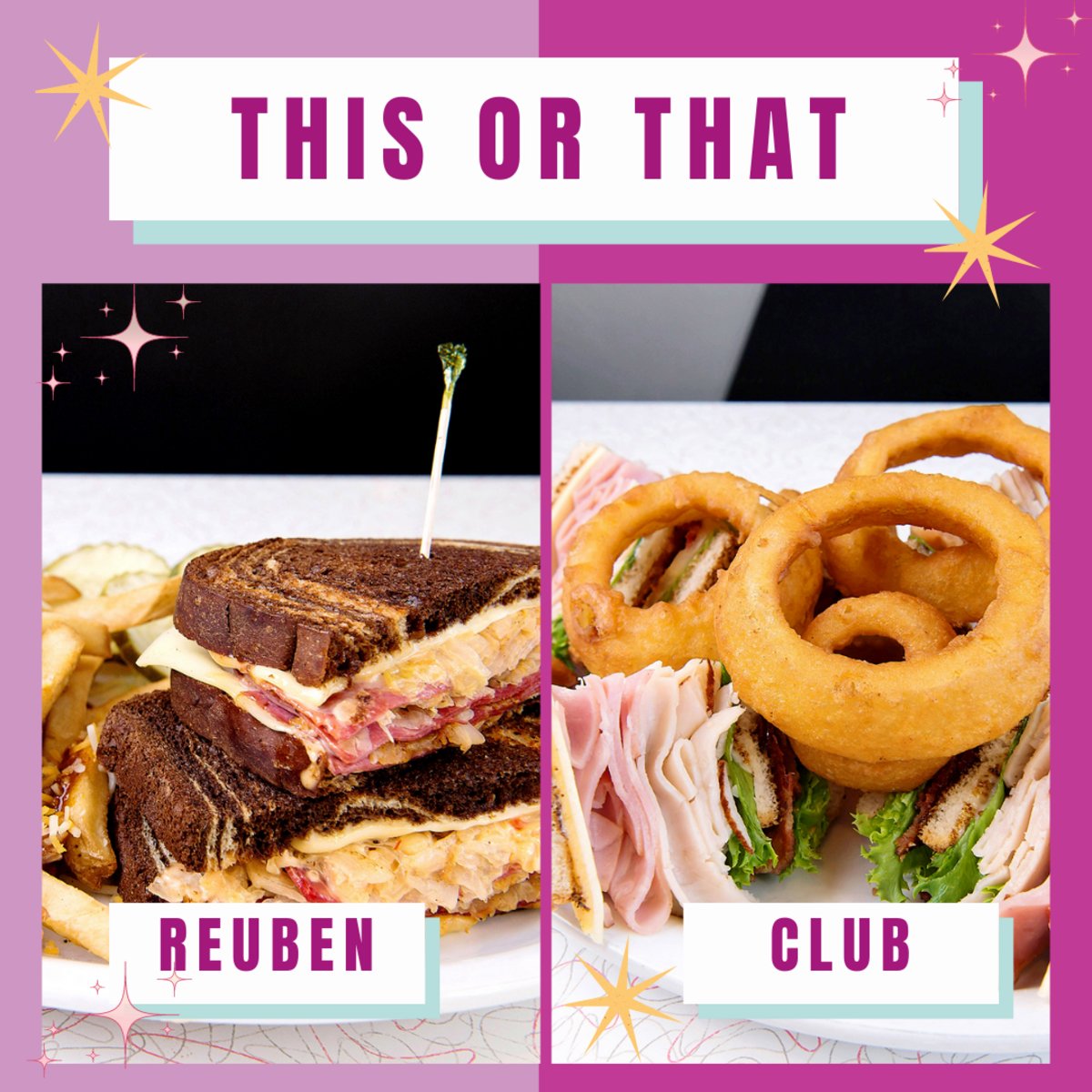 PennysVaughn's tweet photo. Decisions, decisions! When you have a hankerin' for a good #sandwich, do you reach for a Reuben, or go with a classic Club? Let us know in the comments and come satisfy your sandwich cravings at Penny's Diner Vaughn! #PennysDiner #ThisorThat https://t.co/CtDzX1c0mN