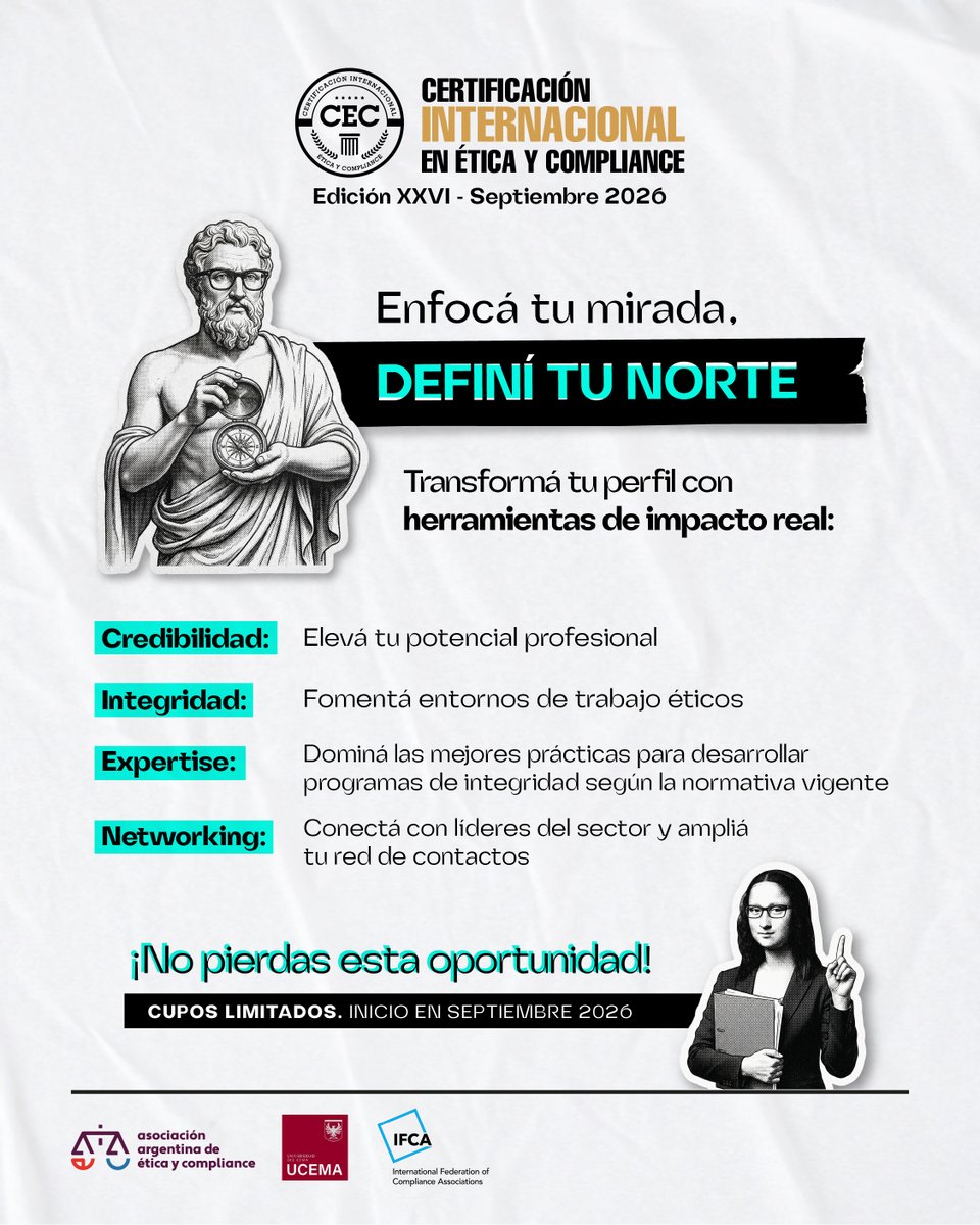 AAECOMPLIANCE's tweet photo. 💡 El Programa CEC te brinda herramientas para fortalecer tus conocimientos y llevar #Compliance a la práctica.

Una propuesta de la #AAEC junto a @ucema_oficial  con aval internacional de IFCA

📢 ¡HOY! Charla Informativa: 13/08 | 17:30 hs. | Virtual
👉 https://t.co/6lXFBRewSA https://t.co/aM3KZU6ual