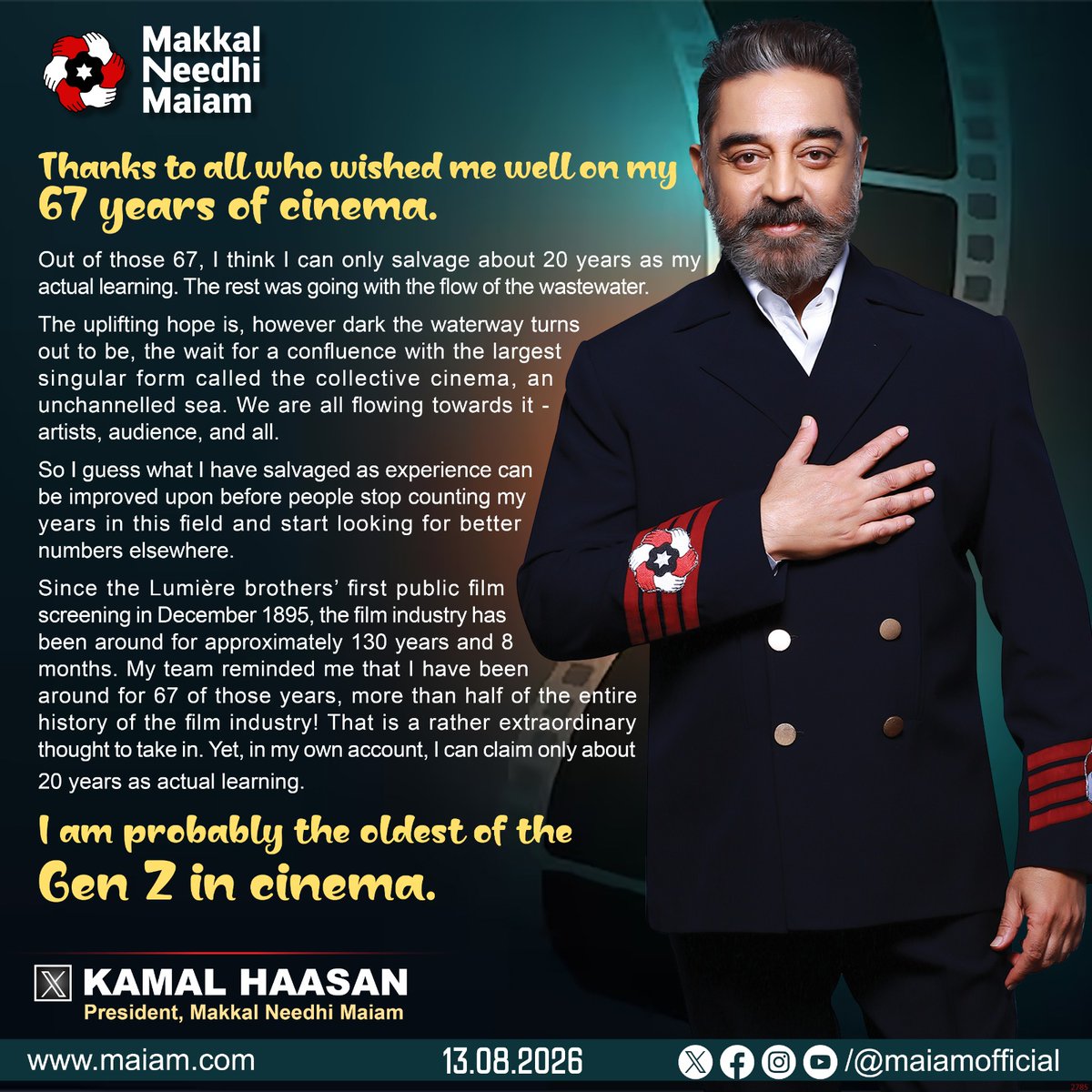 maiamofficial's tweet photo. Makkal Needhi Maiam President and Rajya Sabha MP Thiru. Kamal Haasan @ikamalhaasan graciously reflects on his 67-year journey in cinema, the lessons gathered along the way, and the continued journey of learning.

With characteristic humility, he describes himself as “probably the oldest of the Gen Z in cinema.”

#KamalHaasan
#KamalHaasan_MP
#MakkalNeedhiMaiam
#GEN_Z