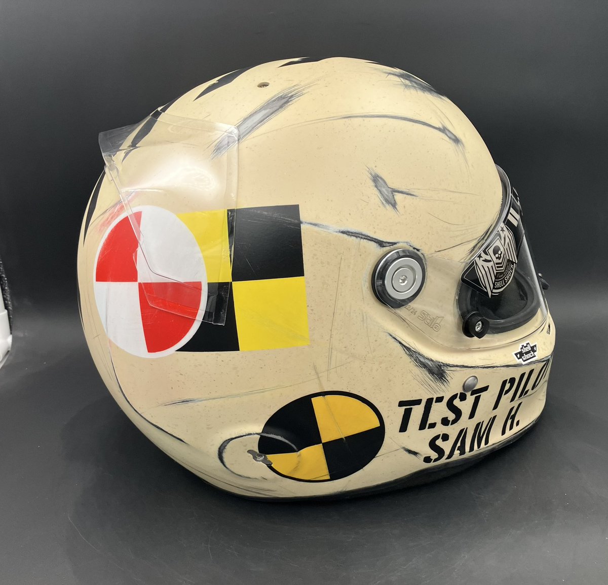 ShellShockCo's tweet photo. .@samhafertepejr new crash test dummy helmet designed by @FireDownBA for the Knoxville Nationals #shellshock https://t.co/AY20pRqiP8