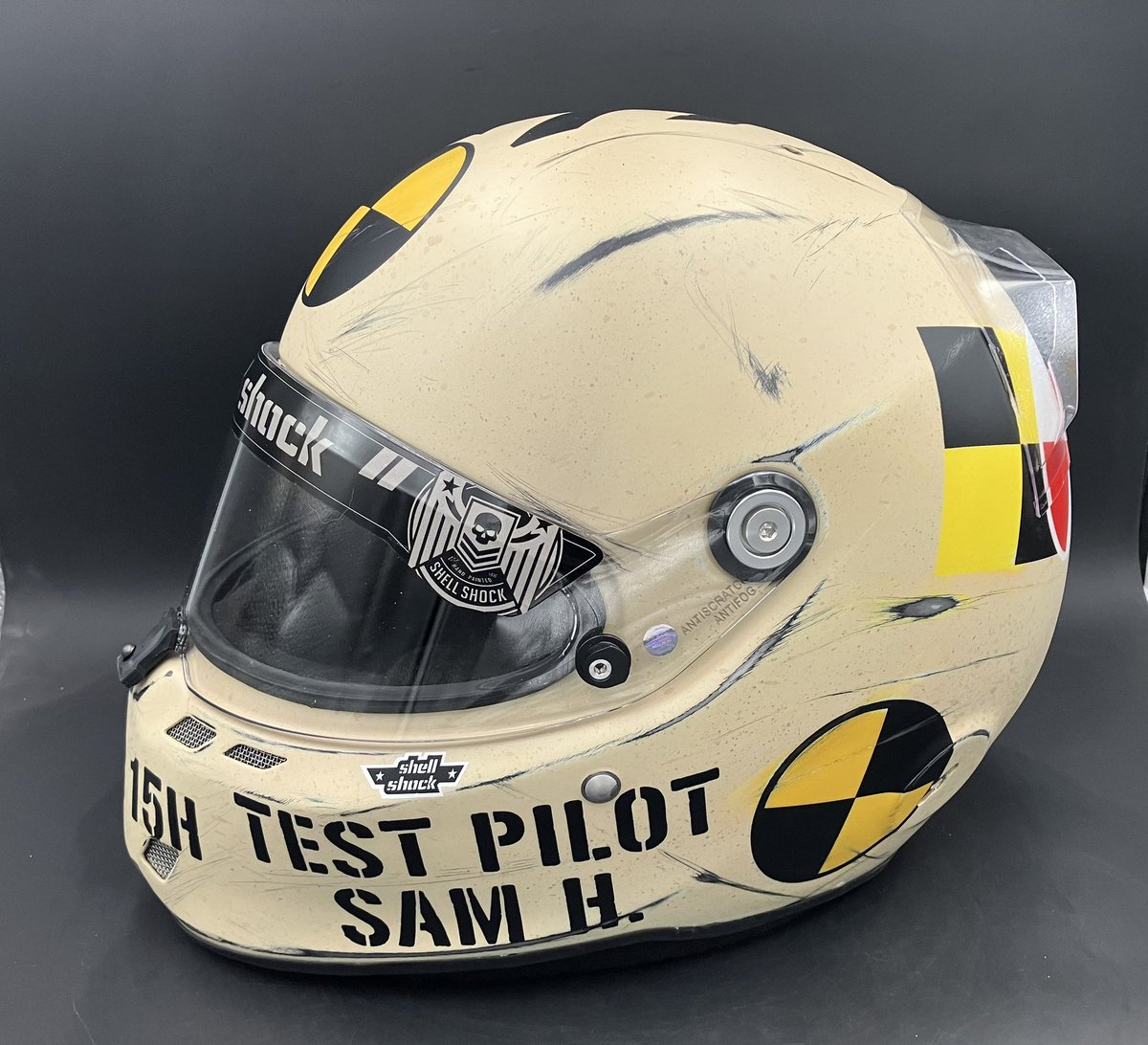 ShellShockCo's tweet photo. .@samhafertepejr new crash test dummy helmet designed by @FireDownBA for the Knoxville Nationals #shellshock https://t.co/AY20pRqiP8