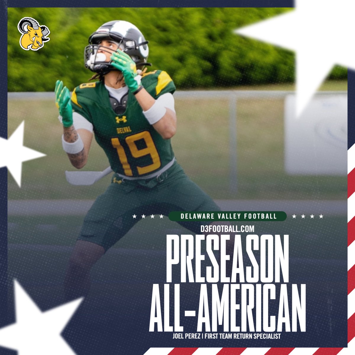 DVUfootball's tweet photo. Preseason honors for our guys from https://t.co/LDVB6WNhh4! 
Joel Perez earns First Team honors as a return specialist, and Tommy Arcaroli is named Second Team Defensive End!

#DelValFootball #Family https://t.co/cyJU6AMAr3