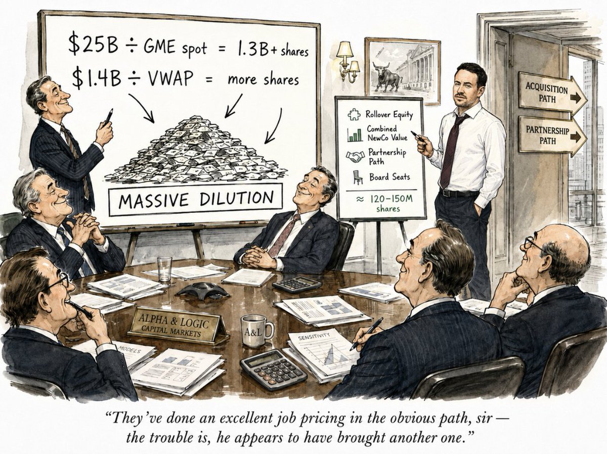 TheMagnifishit's tweet photo. Again, again & again. The market assumes MASSIVE dilution for $GME to acquire $EBAY.

At $21/share, dividing the ~$25B stock portion of the offer by GME spot implies ~1.19B new shares. At $18.60, ~1.35B.

Then there’s the $1.4B convertible note exchange that assumes $1.4B ÷ ~$19 VWAP = ~73.7M additional shares.

Add both assumptions and the market can arrive at roughly ~1.42 BILLION new shares.

-HOWEVER-

What if BOTH assumptions are wrong? Why not calculate what Cohen has repeatedly described. That eBay shareholders would be “rolling” their equity into the combined company?

If the stock consideration is based on the economics of $GME + as a combined NewCo (not today’s depressed GME share price) the rollover equity model produces roughly ~648M acquisition shares.

That’s based on the value allocated between the two shareholder groups. Not $25B ÷ GME spot.

And GameStop didn’t say the $1.4B debt exchange is simply principal ÷ VWAP either. It said the final share count is “based in part” on the 35-day VWAP & is subject to an undisclosed per-share floor.

Meaning we still don’t know the full formula & we don't know the floor. Could there be a premium or another adjustment? @ChaddSchroy found premium language in the filings for these notes.

For example, a 37.5% premium would turn:

$19 VWAP → ~53.6M shares
$25 VWAP → ~40.7M shares

Compared against $19 VWAP w/o premium for ~73.7M shares.

So compare the two frameworks:

- Simple spot/VWAP assumptions: ~1.42B new shares

- Rollover equity + hypothetical premium example ~700M new shares

That’s a difference of roughly 700M shares. About 56% more than GME’s entire current share count.

And what if the $125 acquisition offer is also leverage for a much cheaper path to control? What if that's what the partnership rumor implies? 

GME already owns ~9.8% of eBay. Could Cohen use the credible acquisition threat to win a partnership + board seats, gain increasing influence over eBay for billions less & gradually follow the same playbook he used at GameStop? @foxenflask saw that option months ago.

I wonder how many large funds have already modeled all of this & aren't following the media led narrative? When will we get clarity?

It’s forthcoming. And if this is the right read..

Suck my balls, Street 😎