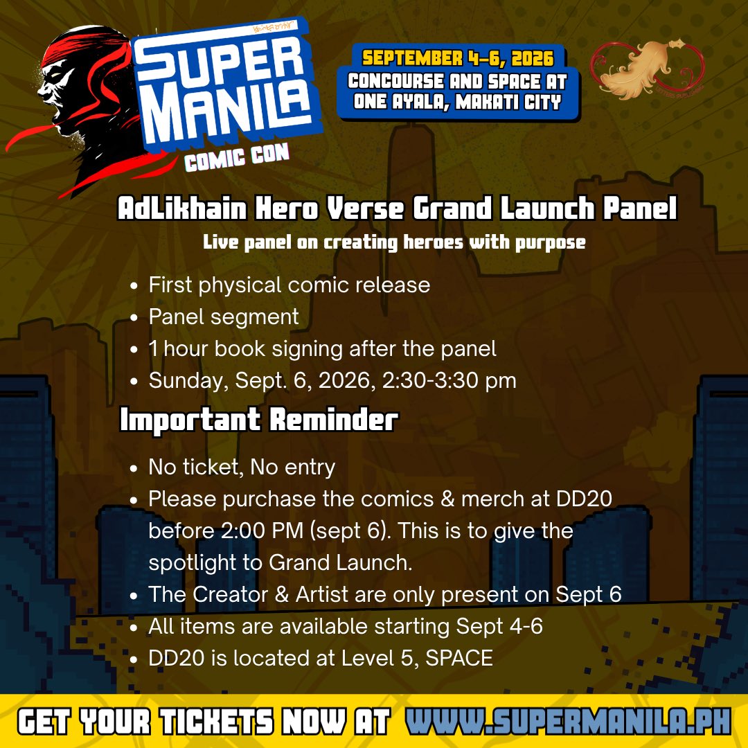 itswilbertross's tweet photo. See you at the SuperManila Comic Con!!!
AdLikhain Hero Verse Grand Launch!
Panel presentation and signing with my artist @KAPUMAX OMEGA on SEPT 6, 2026

Comics, books and merch are already available from 
Sept 4-6 at table DD20 located at level 5, SPACE https://t.co/H6cGGA1NVk