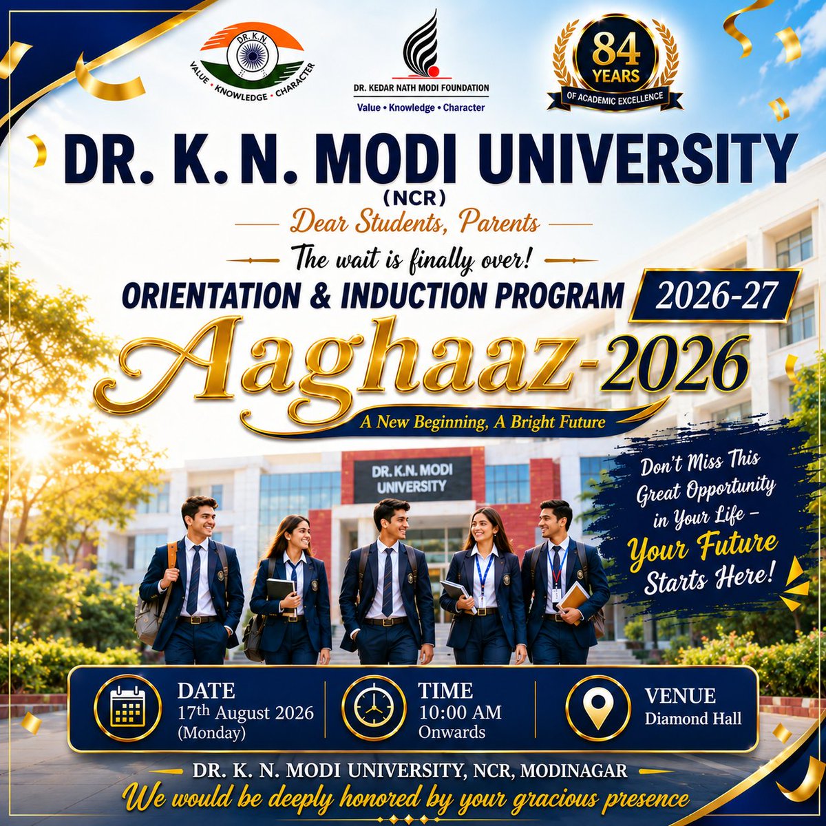 dknmuncr's tweet photo. 🎓✨ AAGHAAZ-2026 | A New Beginning, A Bright Future! 

The wait is finally over! 
Dr. K. N. Modi University, NCR warmly welcomes all students, parents to the Orientation &amp; Induction Program 2026–27.

#Aaghaaz2026 #Orientation2026 #InductionProgram #DKNMUniversity #NCRCampus https://t.co/eZbrmCYTaQ