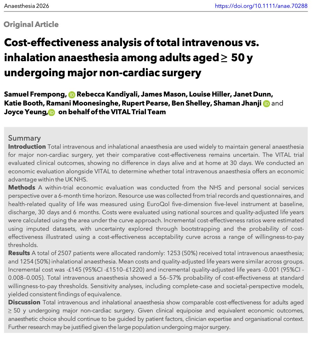 Anaes_Journal's tweet photo. Total intravenous and inhalational anaesthesia show comparable cost-effectiveness

Anaesthetic choice should continue to be guided by:
• patient factors
• clinician expertise
• organisational context

#anaesthesia #MedTwitter

https://t.co/GHaeLjT8l0 https://t.co/AriqLW7BJj