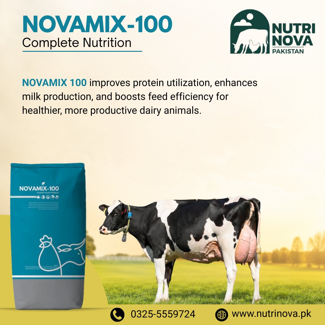 nutrinova555's tweet photo. 𝐔𝐧𝐥𝐨𝐜𝐤 𝐁𝐞𝐭𝐭𝐞𝐫 𝐏𝐫𝐨𝐭𝐞𝐢𝐧 𝐔𝐭𝐢𝐥𝐢𝐳𝐚𝐭𝐢𝐨𝐧. 🐄

𝐍𝐎𝐕𝐀𝐌𝐈𝐗-𝟏𝟎𝟎 supports better protein utilization, improved milk production &amp; feed efficiency for healthier, more productive dairy animals.

📞 0325-5559724

#NOVAMIX #AnimalNutrition #DairyFarming https://t.co/ujfkIGNA88