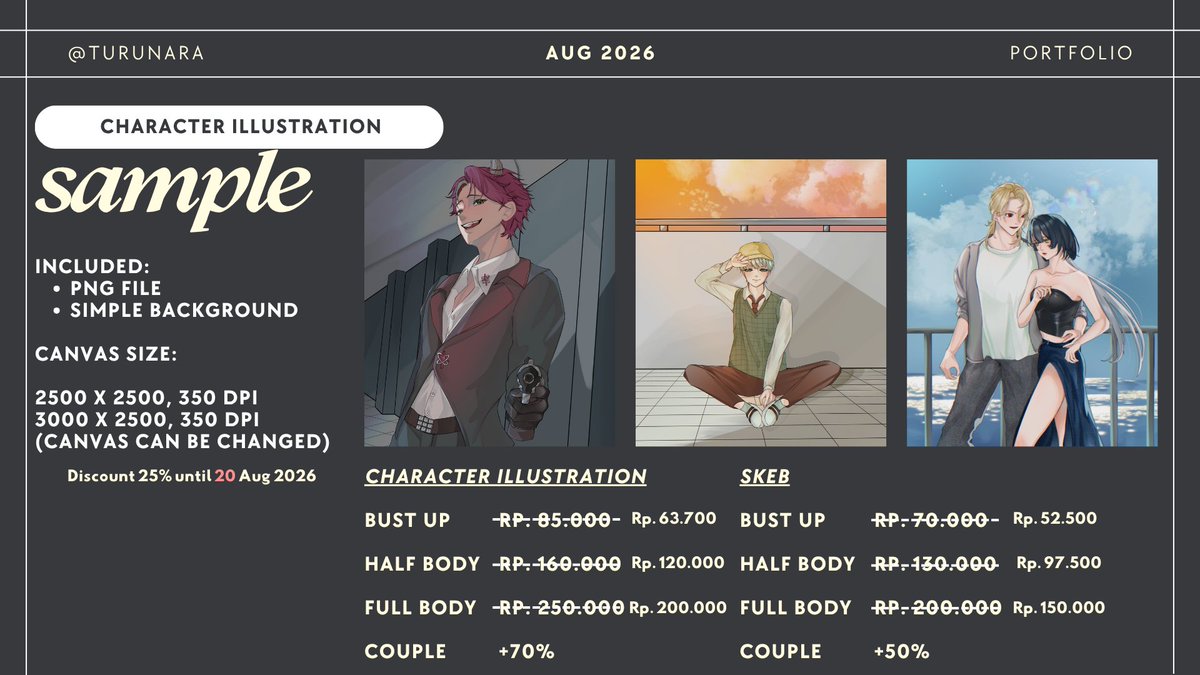 turunara's tweet photo. [ ⤿ + ♡ are appreciated ] 󠀠󠀠ㅤㅤ

Halo!
Aku ada diskon 17+8% untuk art commissionku dimulai dari 13 Agustus - 20 Agustus 2026. (Khusus lokal, alias yang WNI WNI aja)

HANYA TERSEDIA UNTUK 3 ORANG PERTAMA!

Kalau mau tanya-tanya bisa DM yaa 🫶
https://t.co/vfVObNoVbr https://t.co/1PHhLh4wyM
