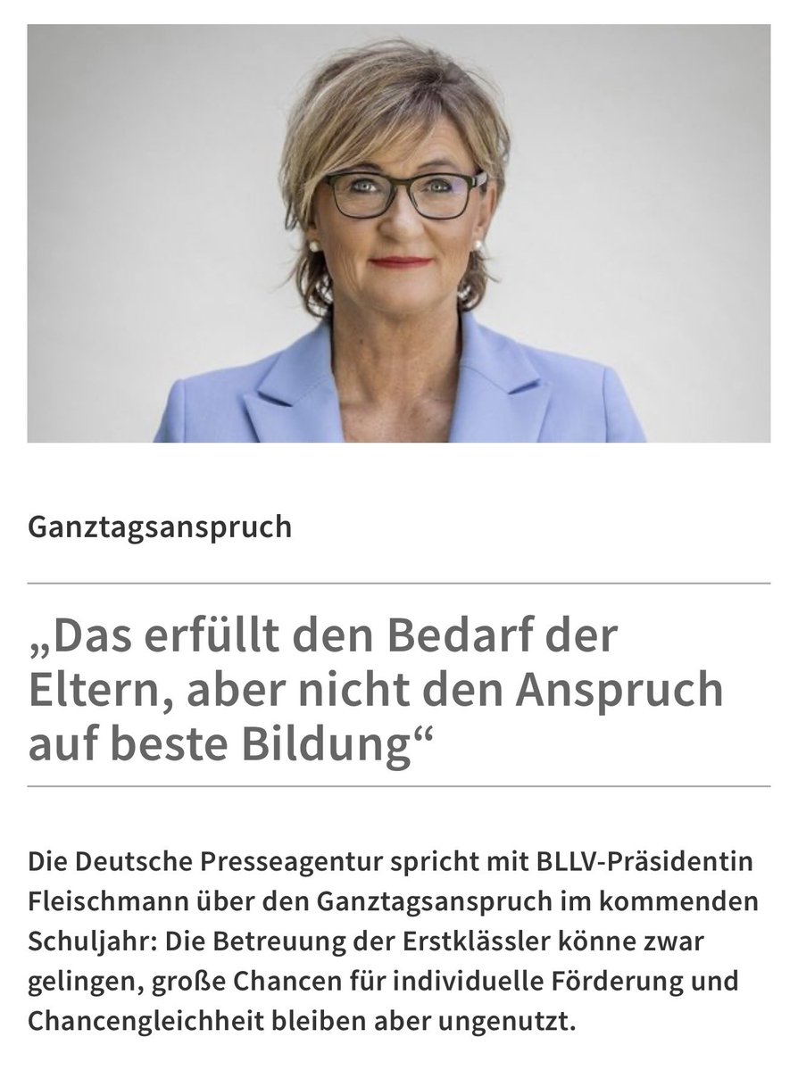 BllvSimone's tweet photo. Oft gibt es keinen pädagogisch hochwertigen gebundenen Ganztag. 🪫 Die dpa spricht mit BLLV-Präsidentin Fleischmann über den Ganztagsanspruch: Die Betreuung der Erstklässler könne zwar gelingen, große Chancen für individuelle Förderung &amp; Chancengleichheit bleiben aber ungenutzt. https://t.co/tBxcSH2s5L