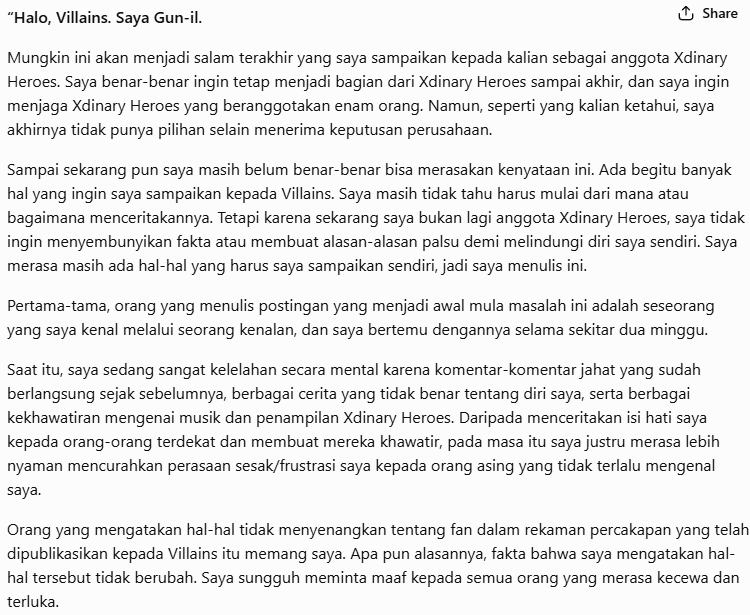 yapperddu's tweet photo. "Bagi saya, para member selalu merupakan orang-orang yang saya banggakan, dan Villains selalu merupakan orang-orang yang saya syukuri.”

sedihhhh https://t.co/SwRNvjPyTk