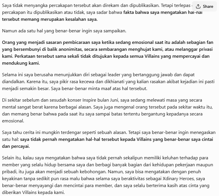 yapperddu's tweet photo. "Bagi saya, para member selalu merupakan orang-orang yang saya banggakan, dan Villains selalu merupakan orang-orang yang saya syukuri.”

sedihhhh https://t.co/SwRNvjPyTk