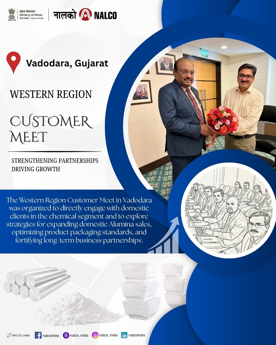 NALCO_India's tweet photo. Strengthening ties and driving growth! A #CustomerMeet was organized in Vadodara, #Gujarat for domestic chemical segment clients, led by Shri Anil Kumar Singh, Director (Commercial). The meet focused on understanding customer expectations, strengthening business relationships, and identifying opportunities for further growth in the domestic Alumina market. @kishanreddybjp @satishdubeyy @MinesMinIndia @DPE_GoI @mygovindia #ChemicalIndustry #alumina #NALCO #BusinessGrowth #IndustrialExcellence #CustomerFirst
