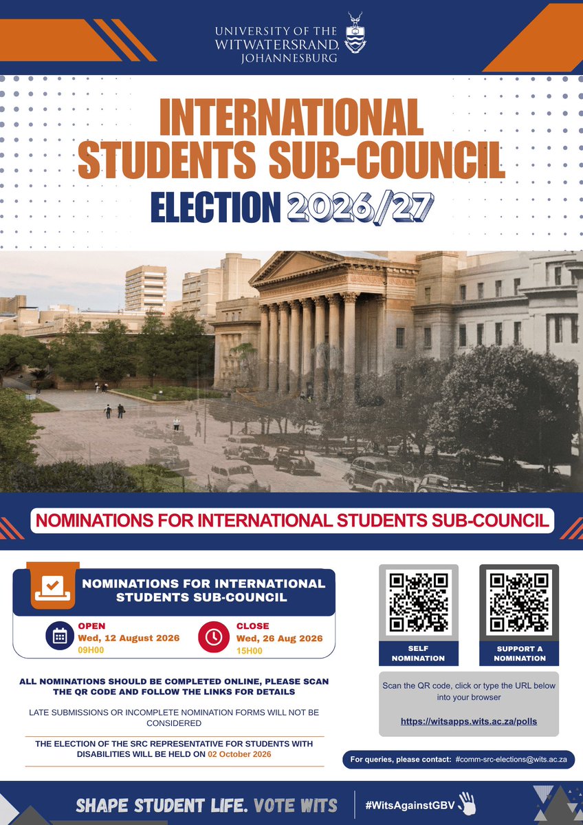 witsSGU's tweet photo. 🌍International students this is for you!

Nominations for the International Students Sub-Council Election 2026/27 are officially OPEN!

Nominate yourself or support a fellow student✨

Nominations close 26 August 2026 at 15:00
#shapestudentlifevotewits.#witsuniversity.#witsies https://t.co/FxildBSUQH
