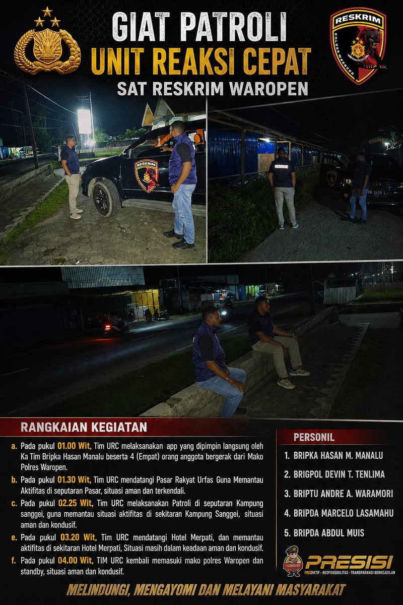 hmsreswaropen's tweet photo. Dalam rangka menjaga situasi keamanan dan ketertiban masyarakat (Kamtibmas), personel Unit Reaksi Cepat (URC) Sat reskrim polres Waropen melaksanakan patroli rutin di wilayah hukum polres Waropen.
.
.
.
#DivisiHumasPolri
#PoldaPapua
#PolresWaropen
#PolriPresisi https://t.co/ipEWMfDEPv
