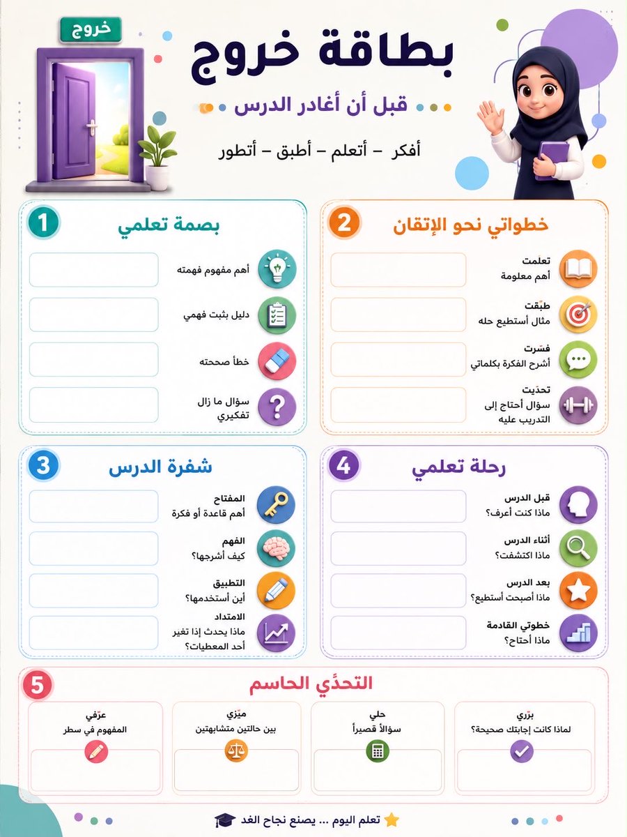 fwl_mak's tweet photo. 🌟 4 تصاميم ابداعيه تساعدك على تحويل ختام الدرس إلى أداة 
تقويم ممتعة 📚

💡 بطاقات الخروج من الدرس ليست مجرد بطاقة… بل لحظة يتوقف فيها الطالب ليتأمل: 
ماذا فهمت؟ ماذا أتقنت؟ وما الخطوة القادمة؟ 

 #تعليم #وزارة_التعليم 
#الذكاء_الاصطناعي https://t.co/meoqdQrQn0