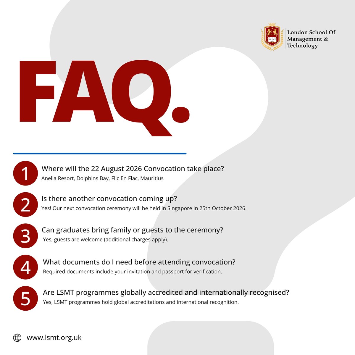 LSMTofficial's tweet photo. Got questions about Convocation? 🎓

From the upcoming ceremony in Mauritius to our next convocation in Singapore, we’ve answered some of the most common questions in one place.

Save this post if you’re attending, and share it with your fellow graduates. 🎓✨

#lsmt #convocation https://t.co/2yZ9UwAV8F