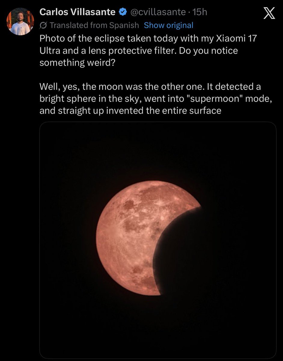 dissproportion's tweet photo. Who created a camera feature that adds the surface of the moon to any bright sky orb, and how many cameras have this? Do they also fill in facial features? Leaves on trees? Water ripples? Lorem ipsum? https://t.co/6jDFUnVvcN