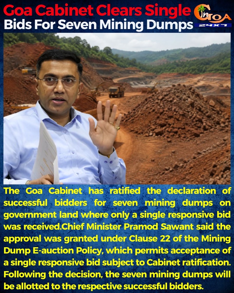 InGoa24x7's tweet photo. Goa Cabinet Clears Single Bids For Seven Mining Dumps
#Goa #GoaNews #MiningDumps #Cabinet #Clears #Bids @DrPramodPSawant https://t.co/ujMXC09ol6