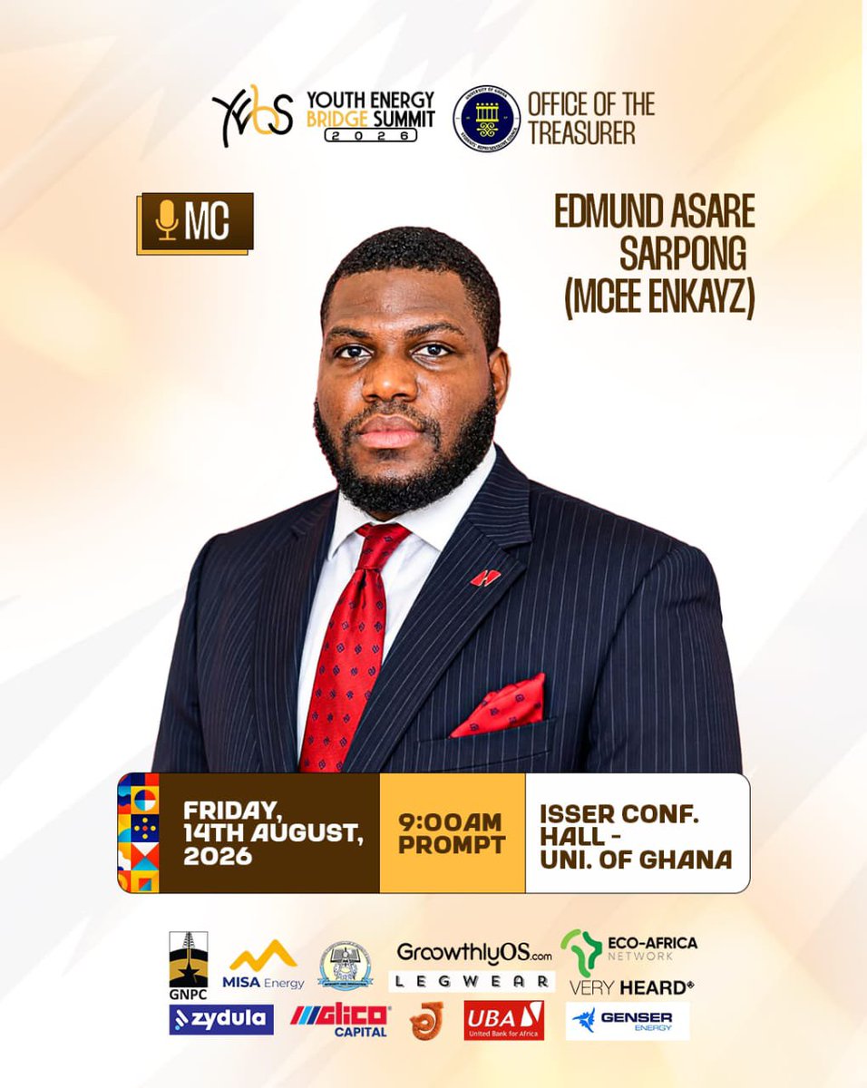 mcee_enkayz's tweet photo. I will be the moderator and MC for the Youth Energy Bridge Summit 2026.

Join us this Friday, 14th August 2026, at 9:00AM at ISSER Conference Hall, University of Ghana 

We convene industry leaders, partners, and young professionals to bridge the gap between students and Ghana’s energy future.