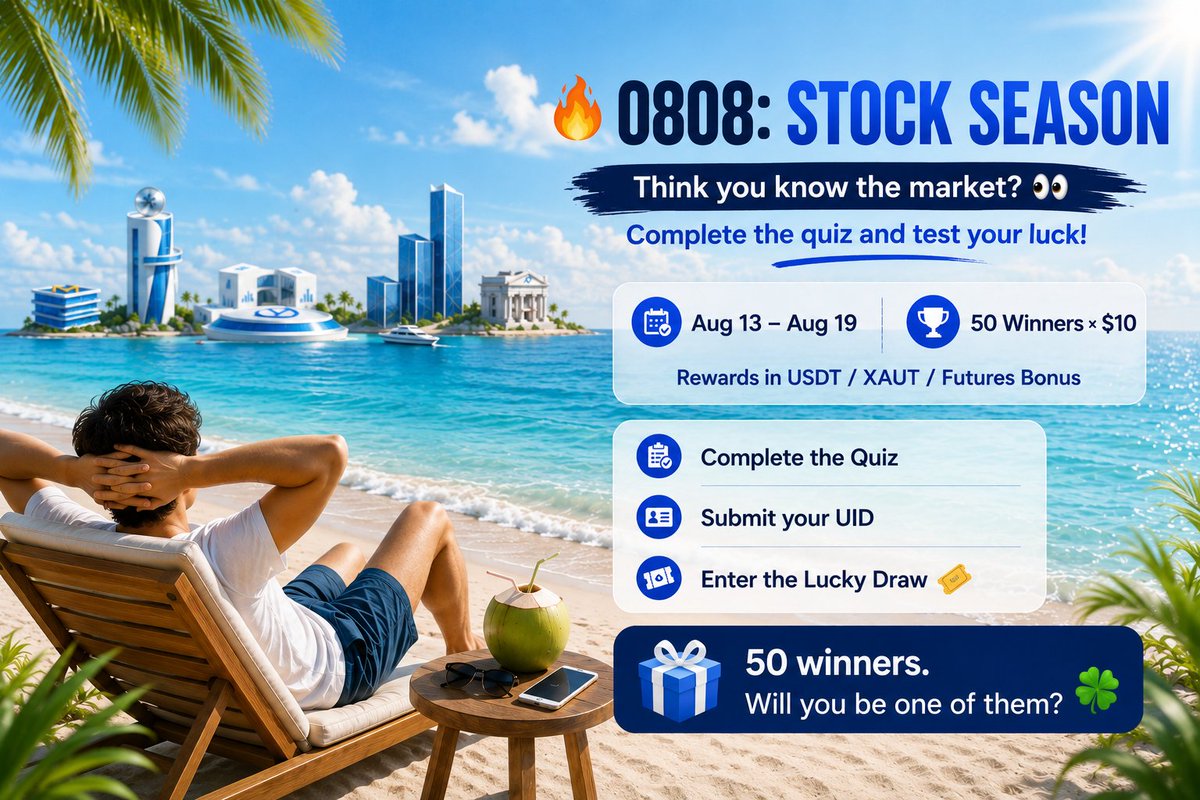 MEXC_CST's tweet photo. 🔥 MEXC 0808: STOCK SEASON ♾

Week 1 Quiz Draw 

⏰ Aug 13 – Aug 19
🏆 50 Winners × $10 Rewards in (USDT / XAUT / Futures Bonus)

1️⃣ Follow @MEXC_CST  
2️⃣ Complete the Quiz
3️⃣ Submit your UID and Stay in Community 

Thank you for supporting us and building a better future together. 💙

#MEXC #MEXC0808 #StockSeason #Quiz #Giveaway