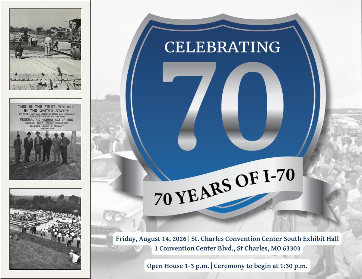 MoDOT_StLouis's tweet photo. THROWBACK THURSDAY: On this day 70 years ago in St. Charles, construction began on the first segment of I-70, bringing to life the nation’s interstate system. What started in Missouri grew into one of America’s most transformative transportation networks. JOIN US TOMORROW, Friday 8/14, from 1 to 3 p.m. at the St. Charles Convention Center South Exhibit Hall to honor that legacy as we continue to build the next era of I-70-expanding, improving, and preparing it to serve generations to come. Open House: 1 to 3 p.m. | Ceremony begins at 1:30 p.m. @sccmo @SaintCharlesMo