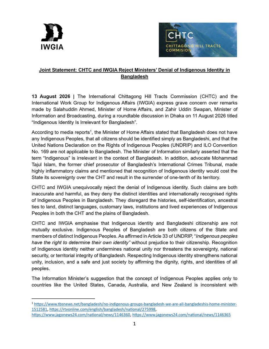 ChtCommission's tweet photo. 📢 Joint statement: CHTC and IWGIA reject Bangladeshi ministers’ denial of Indigenous identity. Indigenous Peoples have the right to self-identification. Recognition strengthens equality and unity—it does not divide Bangladesh.

🔗 https://t.co/eiwZzBoypp

#IndigenousPeoples https://t.co/vYasXok0ag