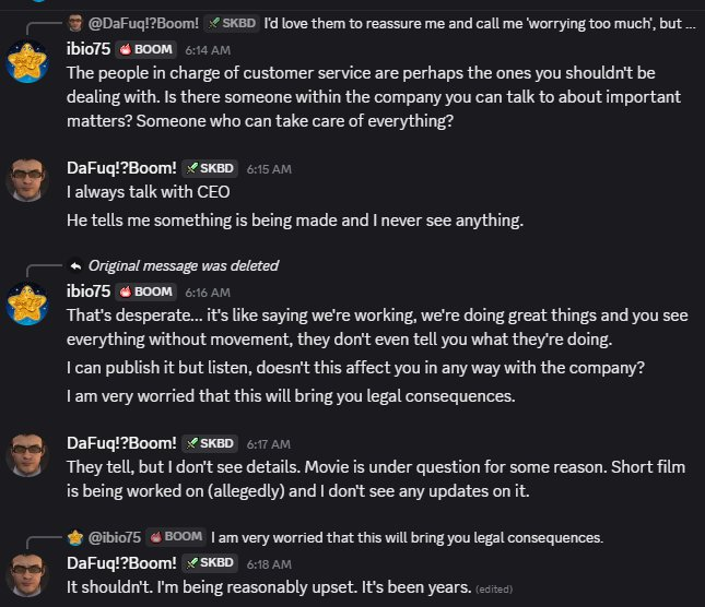 PlungerChannelX's tweet photo. DaFuqBoom spoke on his issues working with Invisible Narratives, feeling "scammed, lied to, paranoid" and "trapped". Boom said he wasn't being paid out, and was isolated from the Michael Bay project.  
Invisible has leaked Boom's private business communications, copyright strike creators criticizing Invisible, and Boom is contractually blocked from speaking publicly about any of it. 
Since gaining control, Invisible has mishandled the franchise, mistreated the community, and misunderstood its audience.