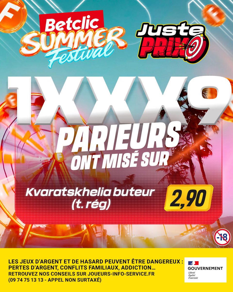 Betclic's tweet photo. JUSTE PRIX BETCLIC 🎯

Combien de joueurs ont misé Kvara buteur hier soir ? 🔮

🎁 On choisit 10 personnes au hasard parmi les 100 premiers à trouver le bon nombre, qui se partageront 200€ de Feebets* !

✏️ Ta réponse + ton pseudo Betclic + #JustePrixBetclic pour participer 🍀