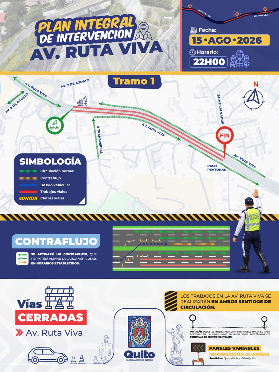 AMT_Quito's tweet photo. 🚦 #OperativoDeTránsitoQuito | ¡Planifica tu ruta!

🚧 Desde el sábado 15 de agosto, en la Ruta Viva, se realizará la rehabilitación vial a cargo de @ObrasQuito, en diferentes tramos y sentidos de circulación.

✈️ Si te diriges al aeropuerto, toma las vías: av. Oswaldo Guayasamín y la vía Collas.

📲 Conoce más en el plan operativo y elige la mejor ruta. 👇🏽

👮🏽 ¡Muévete seguro con la AMT!