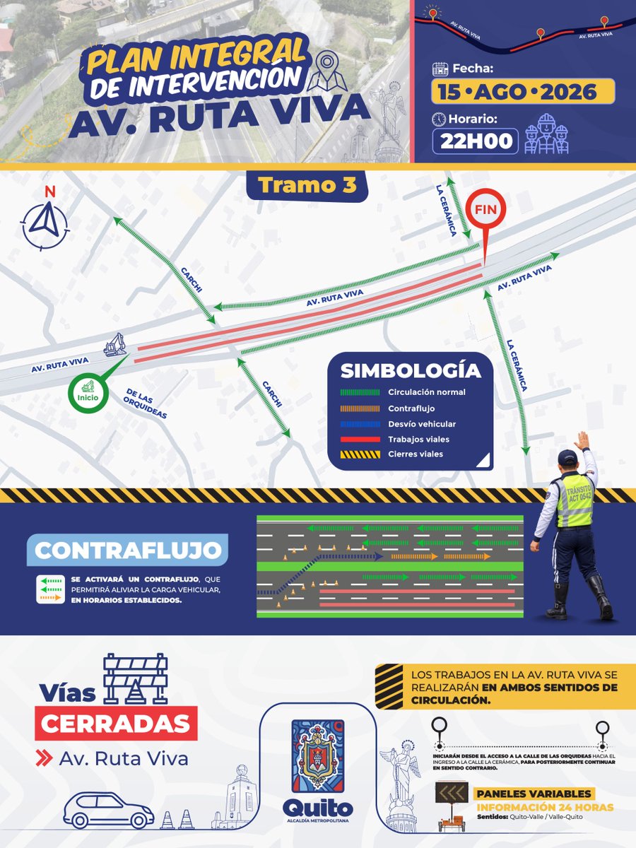AMT_Quito's tweet photo. 🚦 #OperativoDeTránsitoQuito | ¡Planifica tu ruta!

🚧 Desde el sábado 15 de agosto, en la Ruta Viva, se realizará la rehabilitación vial a cargo de @ObrasQuito, en diferentes tramos y sentidos de circulación.

✈️ Si te diriges al aeropuerto, toma las vías: av. Oswaldo Guayasamín y la vía Collas.

📲 Conoce más en el plan operativo y elige la mejor ruta. 👇🏽

👮🏽 ¡Muévete seguro con la AMT!