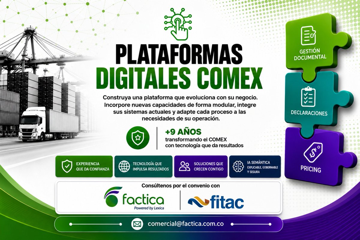 FacticaSas's tweet photo. •Implementaciones rápidas con desarrollos adaptados a cada operación. 
•Reduzca hasta un 50% los errores manuales y acelere sus procesos.

#SolucionIA #comex #aduana #freightforwarder #LEXICA #FITAC #DIAN #IAsolution #Custom #foreigntrade #gestióndocumental #pricing #tarifa https://t.co/vUMzGkYzZO