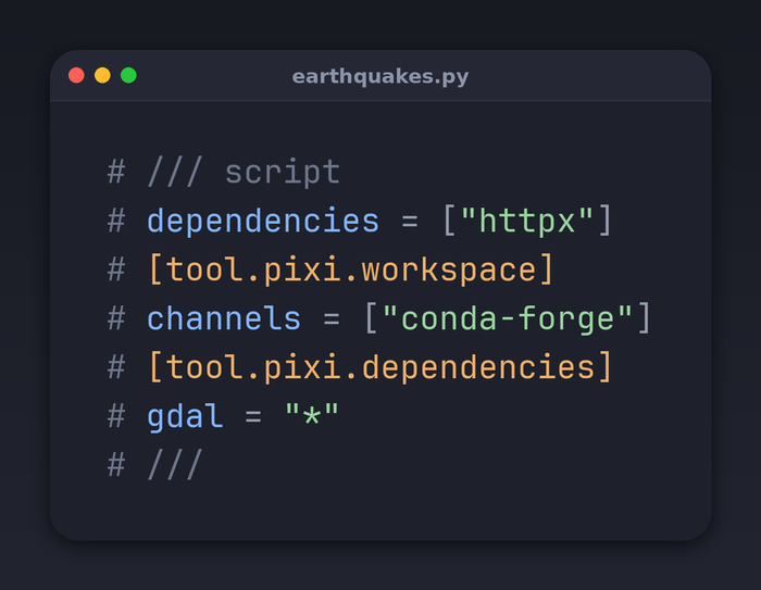 prefix_dev's tweet photo. PEP 723 only covers Python and PyPI, so Pixi reads tool.pixi for the rest.

Which means conda dependencies in a standalone script. https://t.co/12ZI51rEwW