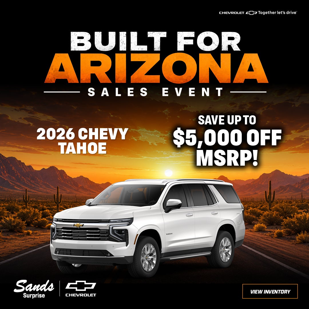SandsInSurprise's tweet photo. 2026 Chevrolet Tahoe — Save up to $5,000 off MSRP and get into the full-size SUV built for wherever life takes you. Shop today! #Chevy #Tahoe #SUVDeals

Shop For Yours at 👉 https://t.co/cyEgYyr1yc https://t.co/fNrJB76n9J