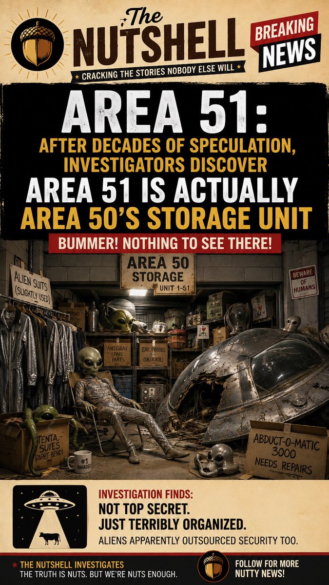 InANutShellNews's tweet photo. 🚨 AREA 51 MYSTERY SOLVED:

After decades of speculation, investigators discovered Area 51 is actually just Area 50’s storage unit.

Crashed UFOs. Used alien suits. Spare probes.

Nothing classified. Just aliens who refuse to throw anything away. 👽🛸🥜

#Area51 #Conspiracy https://t.co/DHuZJy7uFQ