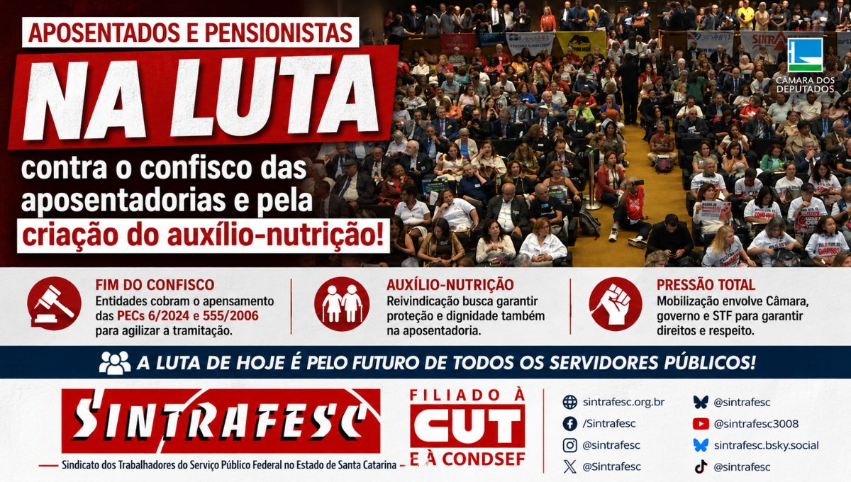 Sintrafesc's tweet photo. O encontro nacional de aposentados e pensionistas realizado na Câmara dos Deputados reforçou duas reivindicações centrais: o avanço das PECs 6/2024 e 555/2006, que tratam da contribuição previdenciária na aposentadoria, e a criação do auxílio-nutrição. 🍽️
https://t.co/ouc4D5x62R https://t.co/1ekw8Kbf8Y