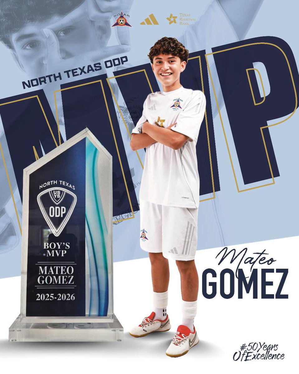 SolarSoccerClub's tweet photo. #SolarProud of Mateo Gavin Gomez! He was named @usysodp TX 25/26 TOP boys overall player of the year - MVP👏👏 Congratulations on a fantastic year, Gavin!
#WeAreSolar #50YearsOfExcellence
#SolarBoysECNL https://t.co/ALXNojU0U7