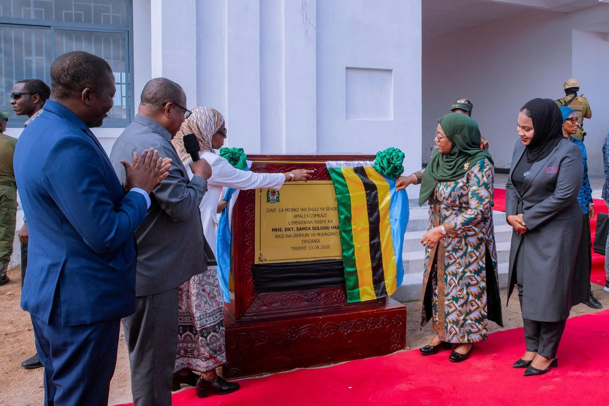 urtupdates's tweet photo. President H.E. Dr. @SuluhuSamia pulls a ceremonial ribbon to unveil the foundation stone for the construction of the Kizimkazi Vocational Sec School, as part of activities leading up to the climax of the Kizimkazi Festival, in South Unguja Region, Zanzibar, on August 13, 2026 https://t.co/0yF7W2qQFx