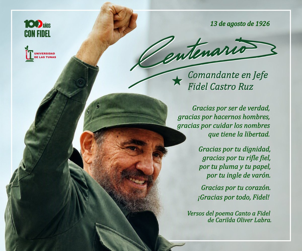 ULTCuba's tweet photo. #Hoy, nuestra alma mater se une en respeto y gratitud para recordar al Comandante en Jefe Fidel Castro Ruz, en el centenario de su natalicio.

Su legado de lucha, pensamiento crítico y compromiso con la justicia social sigue iluminando nuestros caminos.

Feliz jornada para todos https://t.co/Q025ZzHgu9