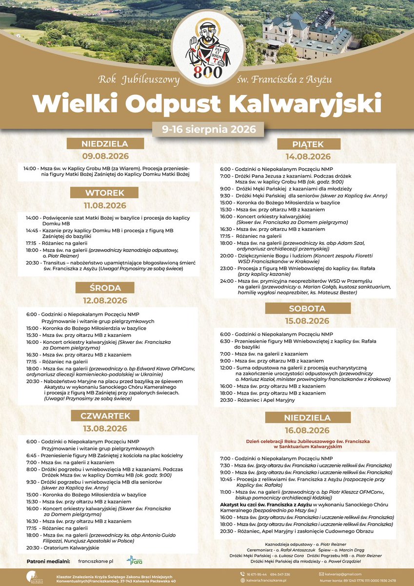 EpiskopatNews's tweet photo. W Kalwarii Pacławskiej trwa Wielki Odpust Kalwaryjski w rocznicę 800-lecia śmierci św. Franciszka z Asyżu. Dzisiaj o godz. 18.00 Mszy św. na galerii będzie przewodniczył abp Antonio Guido Filipazzi, nuncjusz apostolski w Polsce. 

Więcej: https://t.co/sJMdxPRWqU https://t.co/3yWaP0ypD4